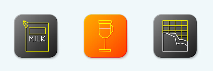 Set line Paper package for milk, Irish coffee and Chocolate bar icon. Vector