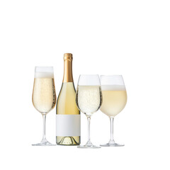 Elegant champagne bottle with glasses, perfect for celebrations and special occasions., isolated on a transparent background.
