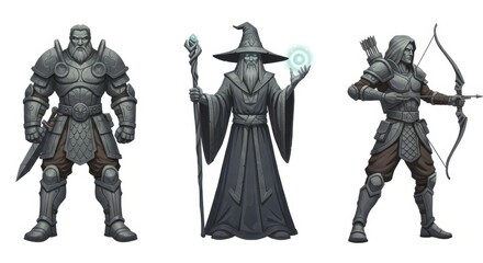 Fototapeta premium Medieval fantasy characters: warrior, wizard, and archer in armor and robes
