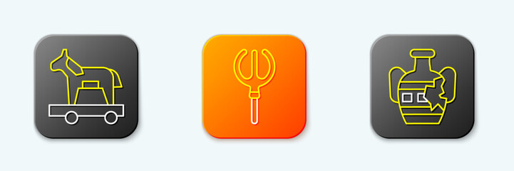 Set line Trojan horse, Neptune Trident and Broken amphorae icon. Vector