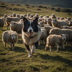 Fototapeta premium A sheepdog herding a group of sheep across the field.