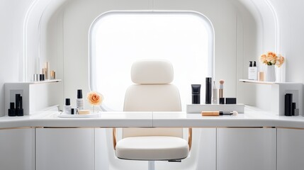 Fototapeta premium Modern Beauty Salon Interior with Minimalist Design Featuring a White Chair and Elegant Makeup Products on Display for Skin Care and Cosmetics Enthusiasts
