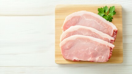Three slices of raw pork on a wooden cutting board with a sprig of parsley.