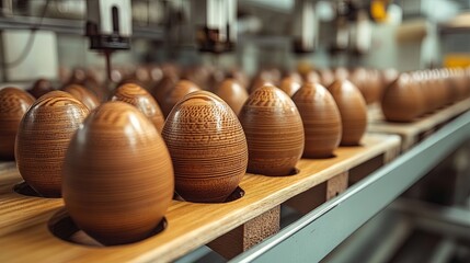 Fototapeta premium Production of wooden Egg decorating in Slavic culture at the modern factory, spring time, easter holiday