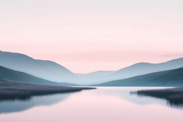 A calm river flows through the center with subtle reflections of the surrounding mountains