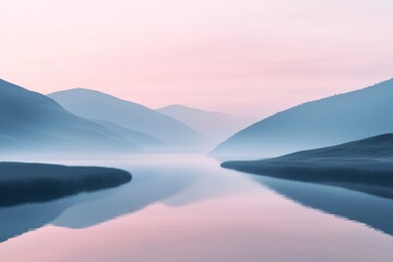 Obraz premium A calm river flows through the center with subtle reflections of the surrounding mountains