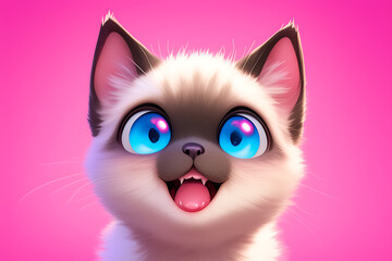 Naklejka premium Cute animated kitten with large blue eyes and a joyful expression against a vibrant pink background