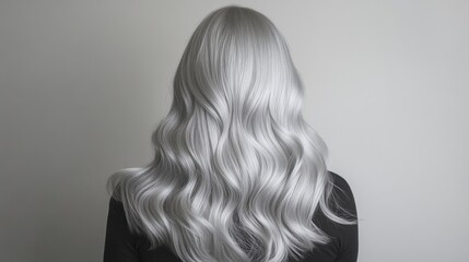 Fototapeta premium A vibrant silver-grey hair color styled into long, loose waves, showcasing a bold and fashion-forward choice