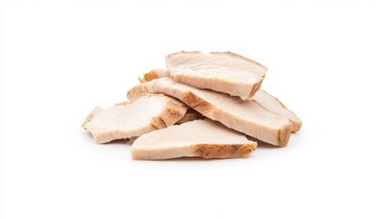 Slices of cooked meat arranged in a pile on a white background.