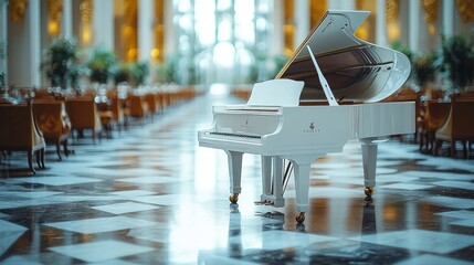 White grand piano in grand hall