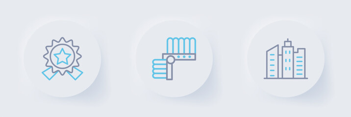 Set line City landscape, Indian headdress with feathers and Medal star icon. Vector