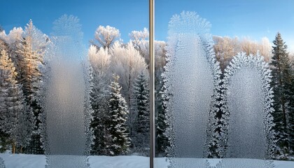  窓ガラスの霜の模様と背景にぼんやりと写る冬の森