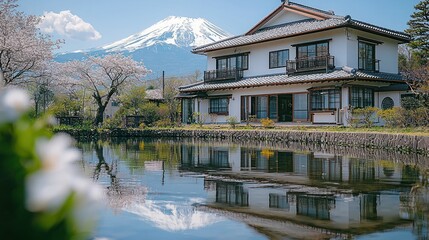 Fototapeta premium Serene Japanese House with Mount Fuji Reflection