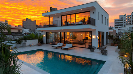 Obraz premium Luxury Modern Villa with Pool at Sunset, Stunning Residential Architecture