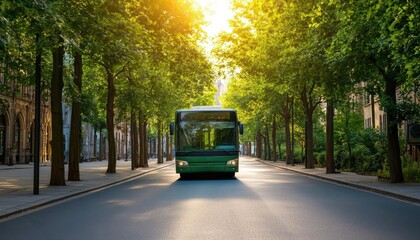 Obraz premium A green bus driving down a tree-lined street during sunset, showcasing a serene urban landscape with natural light filtering through the leaves.