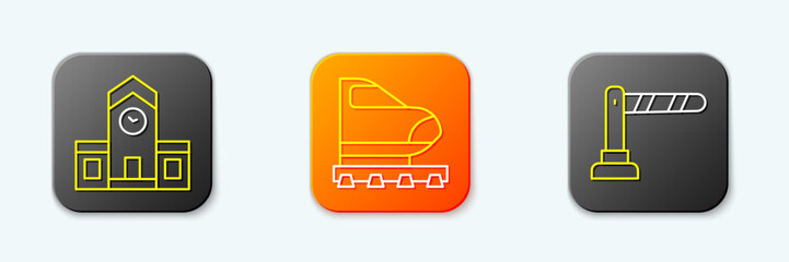 Set line Railway station, High-speed train and barrier icon. Vector