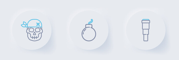 Set line Spyglass telescope lens, Bomb ready to explode and Skull icon. Vector