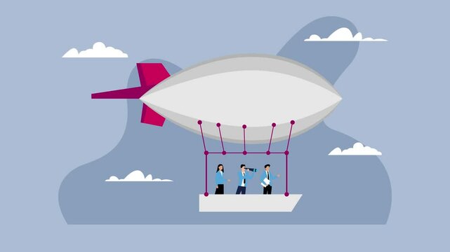Business Team Observing from Airship in the Sky - Conceptual cartoon animation