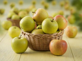 A wicker basket filled with fresh apples