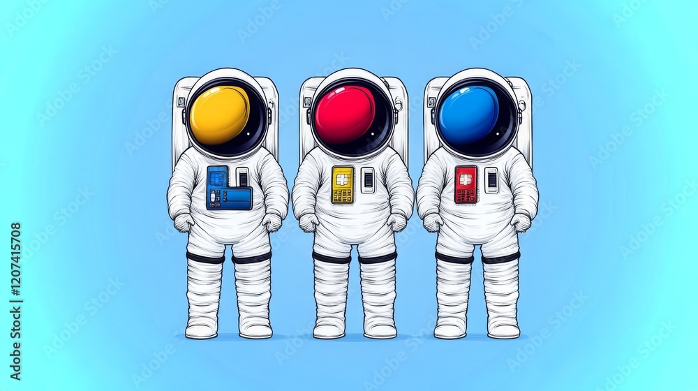 Poster astronauts in colorful space suits interacting with credit card display in futuristic setting