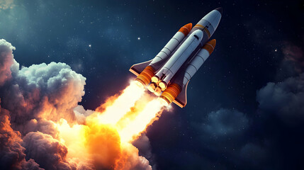 Rocket Launch in Cosmic Sky with Bright Flames and Clouds