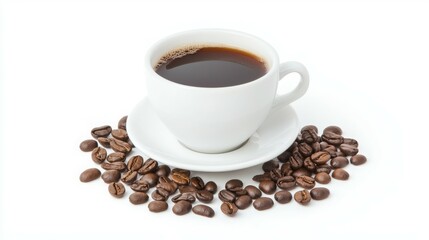 Fototapeta premium A cup of coffee surrounded by coffee beans on a white background.