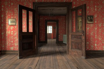 Abandoned interior of an old house with open doorways revealing faded wallpaper and wooden floors filled with nostalgia and mystery