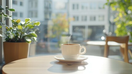 A steaming cup of coffee on a wooden table beside a plant, with a sunny urban backdrop.
