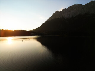 Sun rise at Lake Eibsee in Garmisch-Partenkirchen in Bavaria.