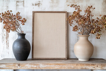 Empty photo frame with two vases of dried flowers on a wooden shelf against a textured wall