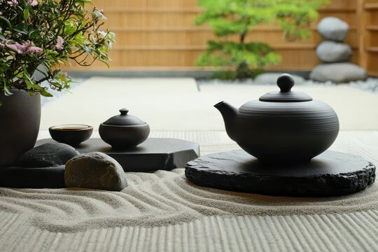 Tea in a Zen Garden: A Zen garden with raked sand, a stone tea set, and a teapot, creating a minimalist and meditative atmosphere