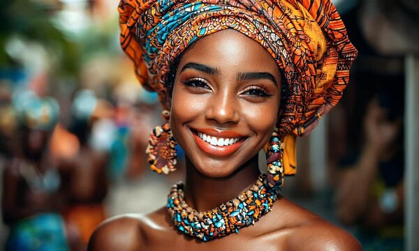Portrait of a smiling Black woman wearing a colorful head wrap and jewelry.