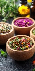 Aromatic Herbal Spice Blend in Wooden Bowls  Natural Ingredients  Culinary Herbs