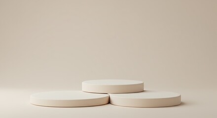 Minimalist Product Display Podium: Three White Cylindrical Platforms Arranged on a Neutral Beige Background, Clean and Simple Design Ideal for Product Presentations, Mockups, and Minimalist Design.