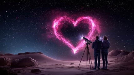 Cosmic Love: A couple stands silhouetted against a breathtaking night sky, gazing at a luminous pink heart-shaped nebula through a telescope. The scene evokes a sense of wonder, romance.
