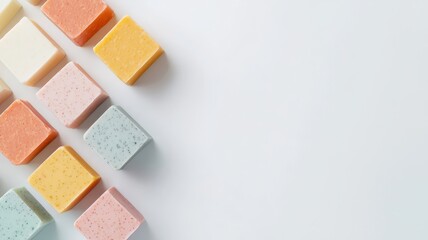Fototapeta premium Handmade soap cubes in assorted pastel colors arranged diagonally on a white background. Aromatherapy beauty product.