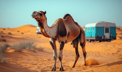 Desert camel, blue camper van, sand dunes.