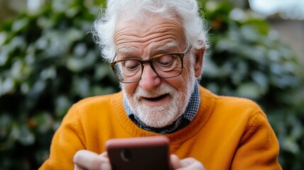 An older man is looking at his cell phone with a surprised expression on his face. He is wearing glasses and a yellow sweater