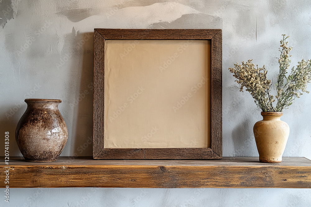 Poster empty photo frame with two decorative vases of dried flowers on a rustic wooden shelf