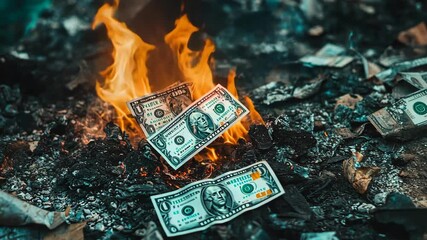 Burning money amid ashes shows a stark contrast between wealth and destruction in an urban setting