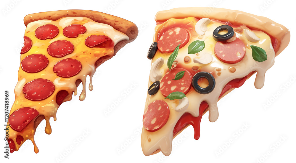 Poster Two cartoon pizza slices with pepperoni, cheese, and toppings are shown. first slice has gooey cheese texture, while second includes olives and basil. Both slices are isolated transparency