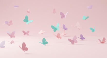 Pastel paper butterflies fluttering against soft pink background