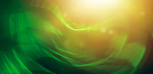 Abstract background with glowing green waves of light and golden unfocused particles © Milena Wi
