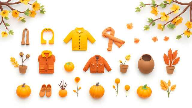 Autumn seasonal clothes and plants 3d vector icons collection. Cute three dimensional yellow and orange plastic objects set isolated on white background. Generative AI