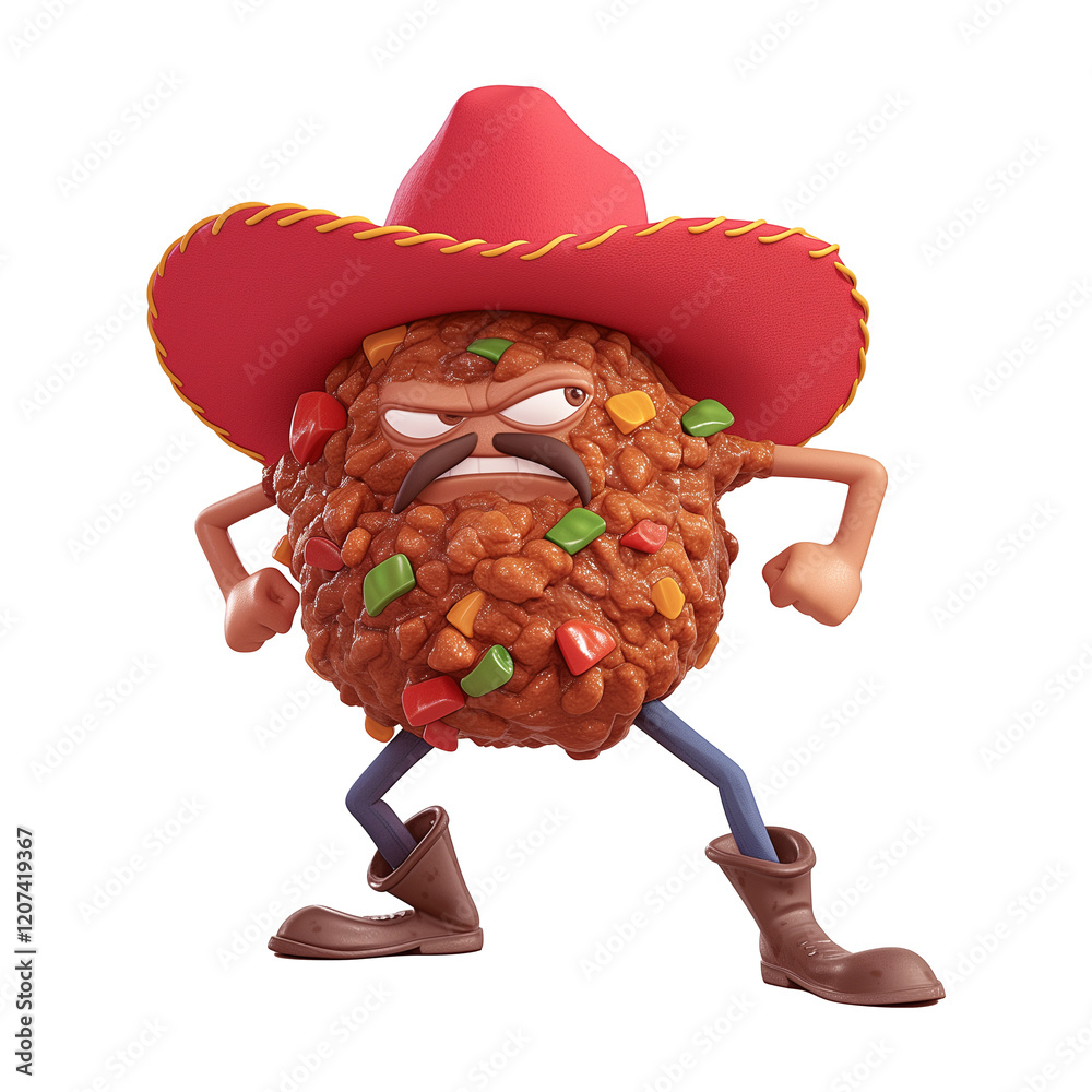 Poster 3d cartoon chili con carne character with red sombrero and boots, showing determined expression. cha