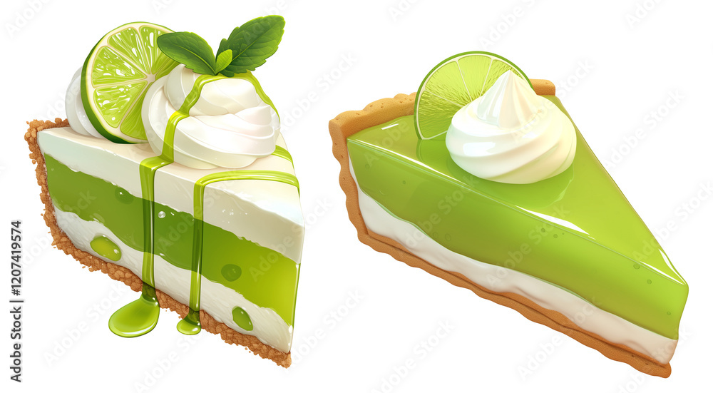 Poster slices of vibrant key lime pie with whipped cream and lime garnish, showcasing delicious and refresh