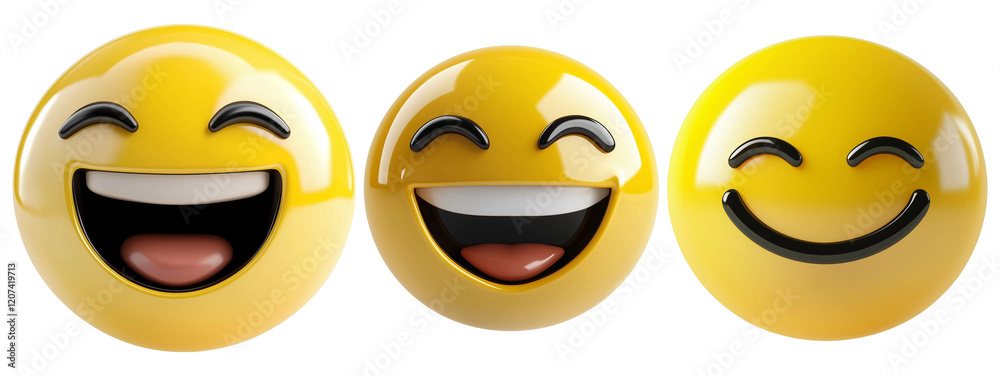 Poster three 3d friendly yellow emojis with joyful expressions are isolated on transparency background