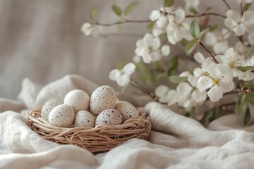 Delicate eggs nestled in woven basket surrounded by blooming bra