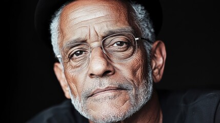 Man with a black hat and glasses is looking at the camera. He has a serious expression on his face