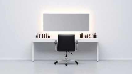 Contemporary Makeup Vanity with a Modern Chair and Minimalist Decor, Featuring a Sleek Mirror, Beauty Products, and Organized Workspace for Personal Care